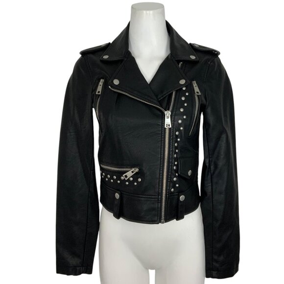 Levi’s Faux Vegan Leather Studded Moto Jacket XS Black Zip Front Biker Zip Cuffs - Picture 1 of 14